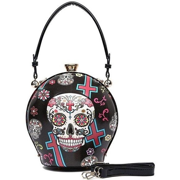 Handbags - Black Sugar Skull Ball Handbag Rhinestone Carry Handbag